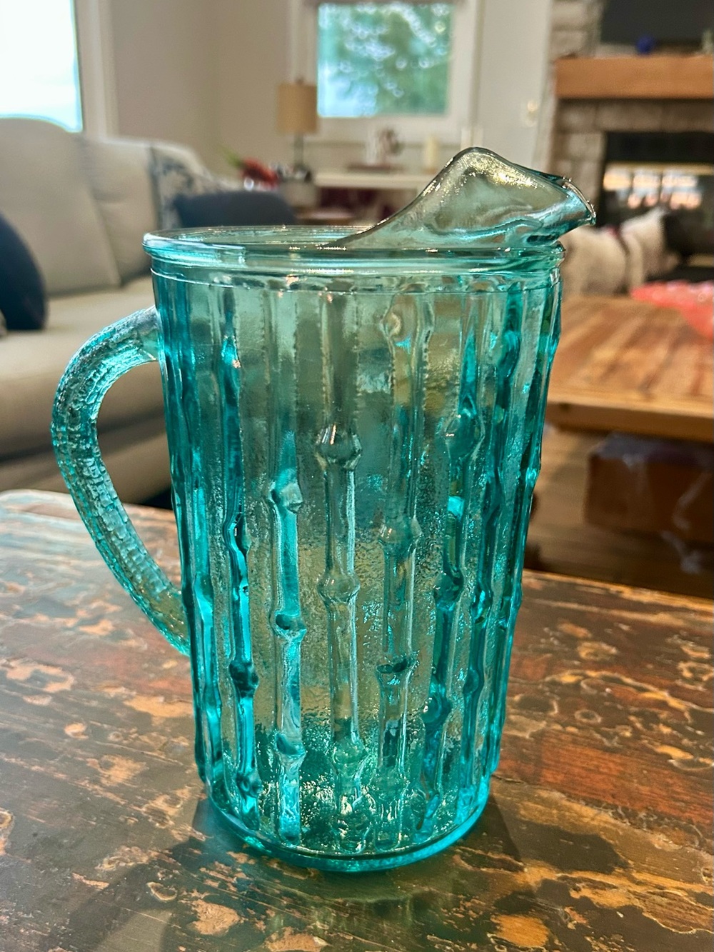 MCM 1950’s/60’s Anchor Hocking Turquoise Tahiti Bamboo Ice Lip Pitcher